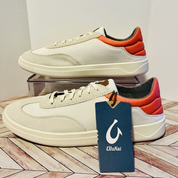 Olukai Punini Off-White Molten Orange Men’s 8.5 Sneakers Drop In Heel Suede Mesh